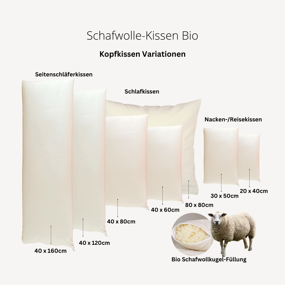 Schafwollflocken-Kopfkissen "Maeve" glatter Bezug Bio