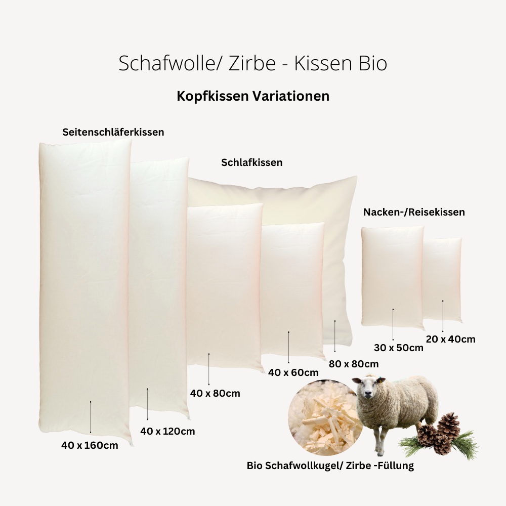 Zirbe/Schafwollflocken-Kopfkissen "Della" glatter Bezug Bio